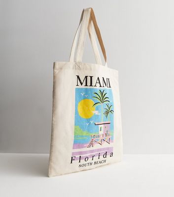 Cream Miami Logo Canvas Tote Bag New Look