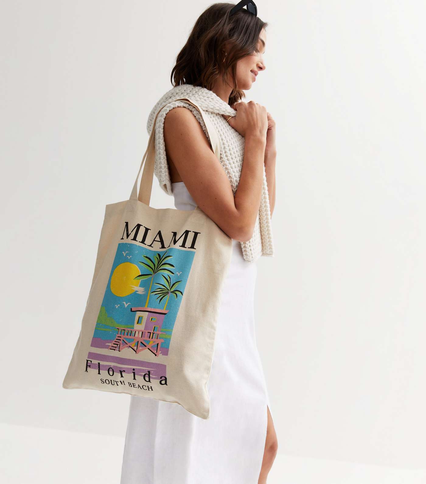 Cream Miami Logo Canvas Tote Bag Image 2