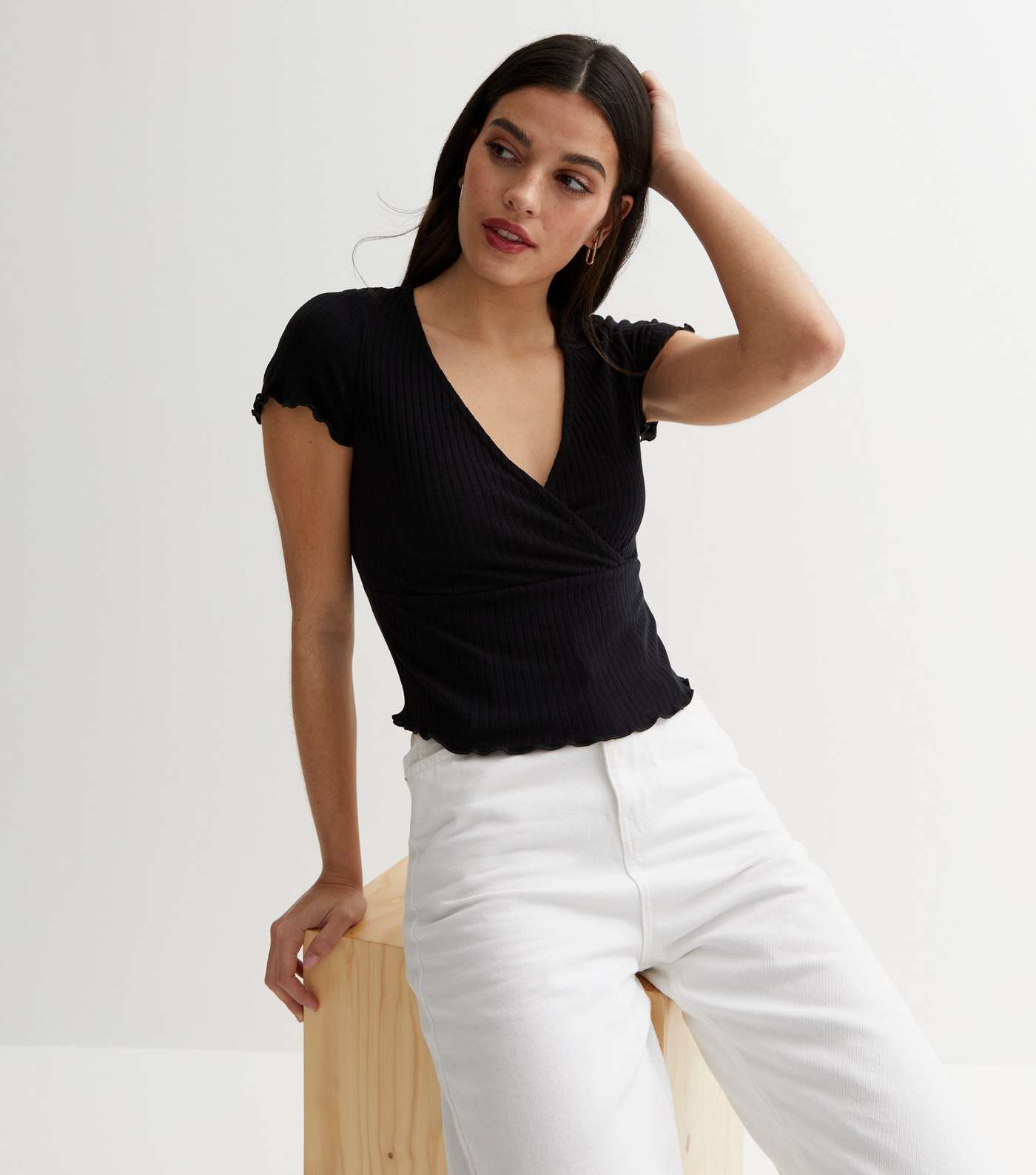 Black Ribbed Jersey Frill Short Sleeve Wrap Top Image 2