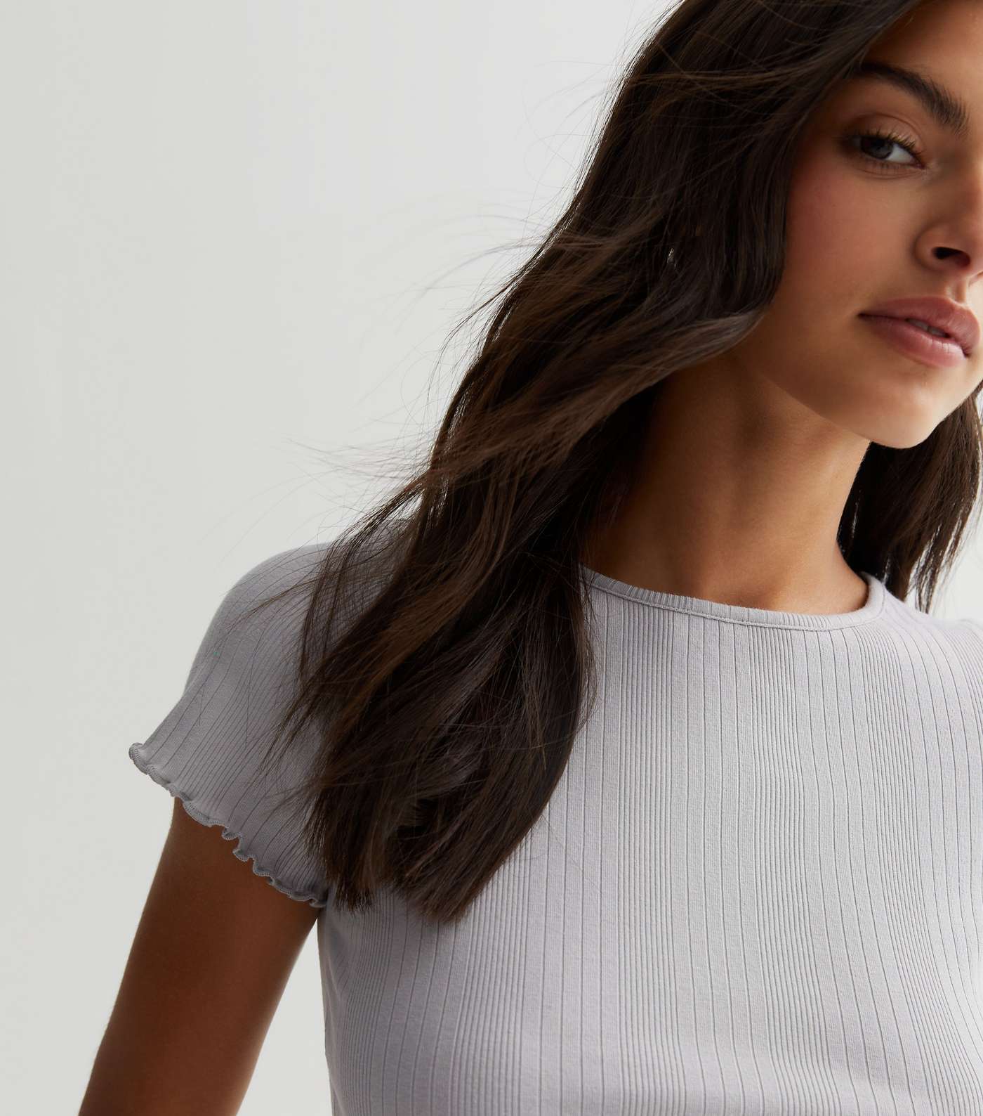 Pale Grey Ribbed Jersey Frill Trim Crop Top Image 2