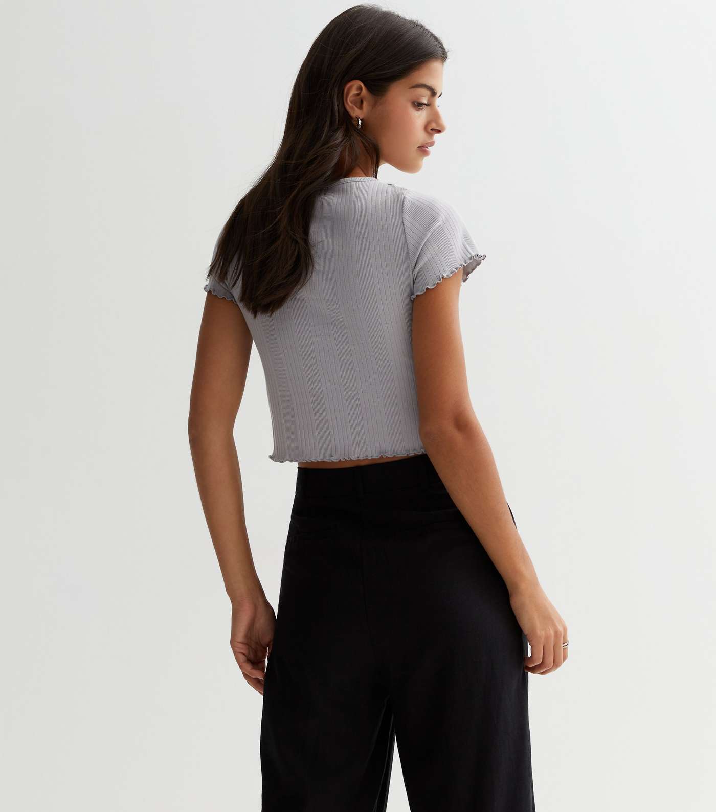 Pale Grey Ribbed Jersey Frill Trim Crop Top Image 4