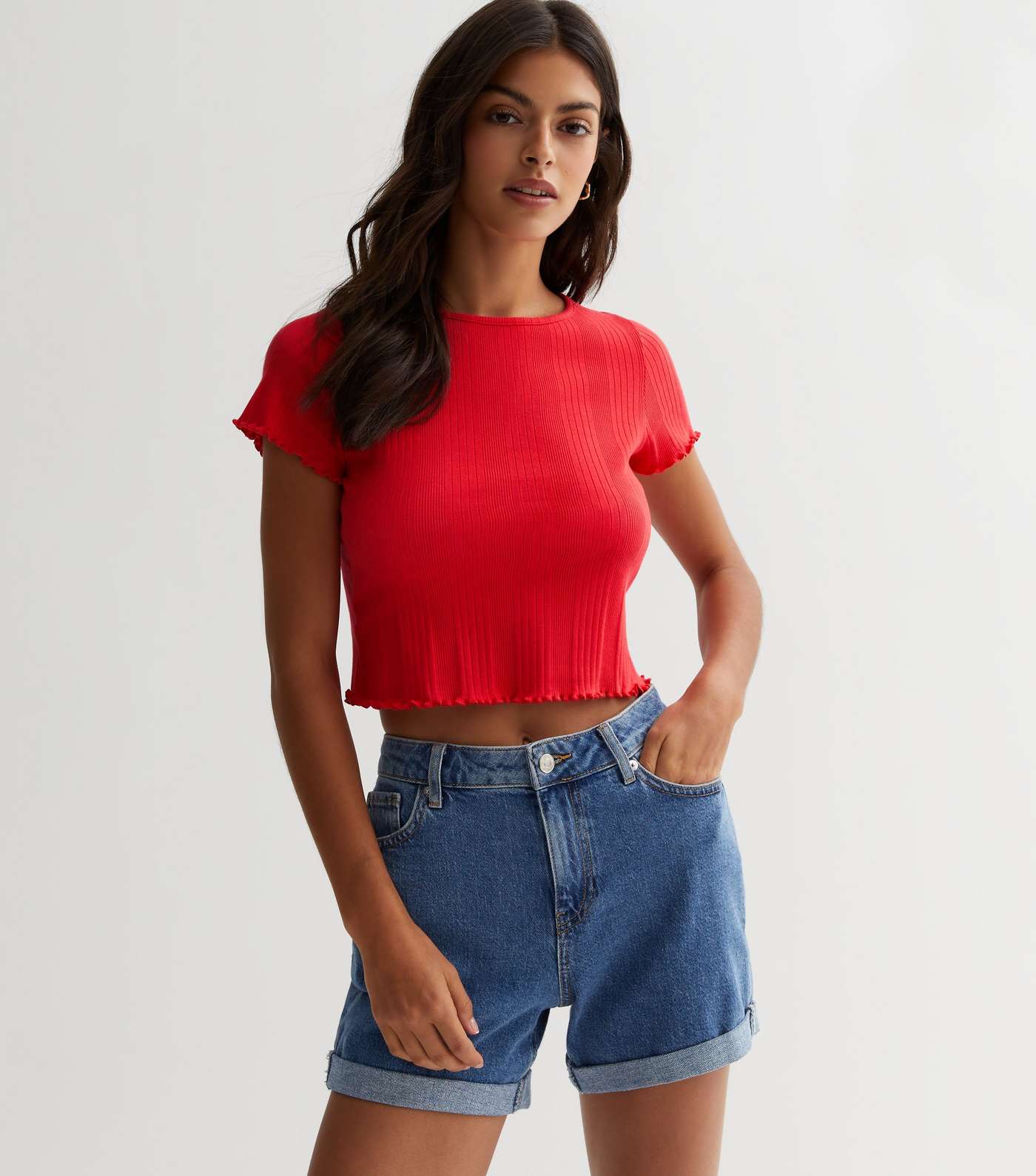 Red Ribbed Jersey Frill Trim Crop Top