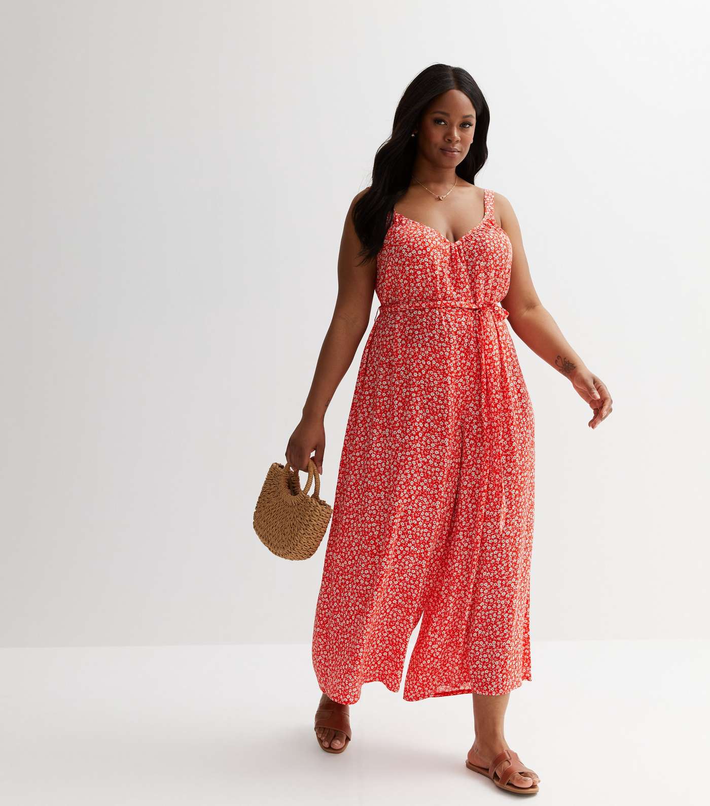 Curves Red Ditsy Floral Strappy Jumpsuit Image 3