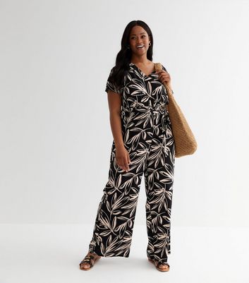 Curves Black Tropical Belted Jumpsuit New Look