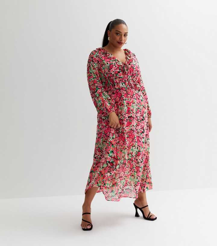 Curves Pink Floral Chiffon Tie Neck Midi Dress