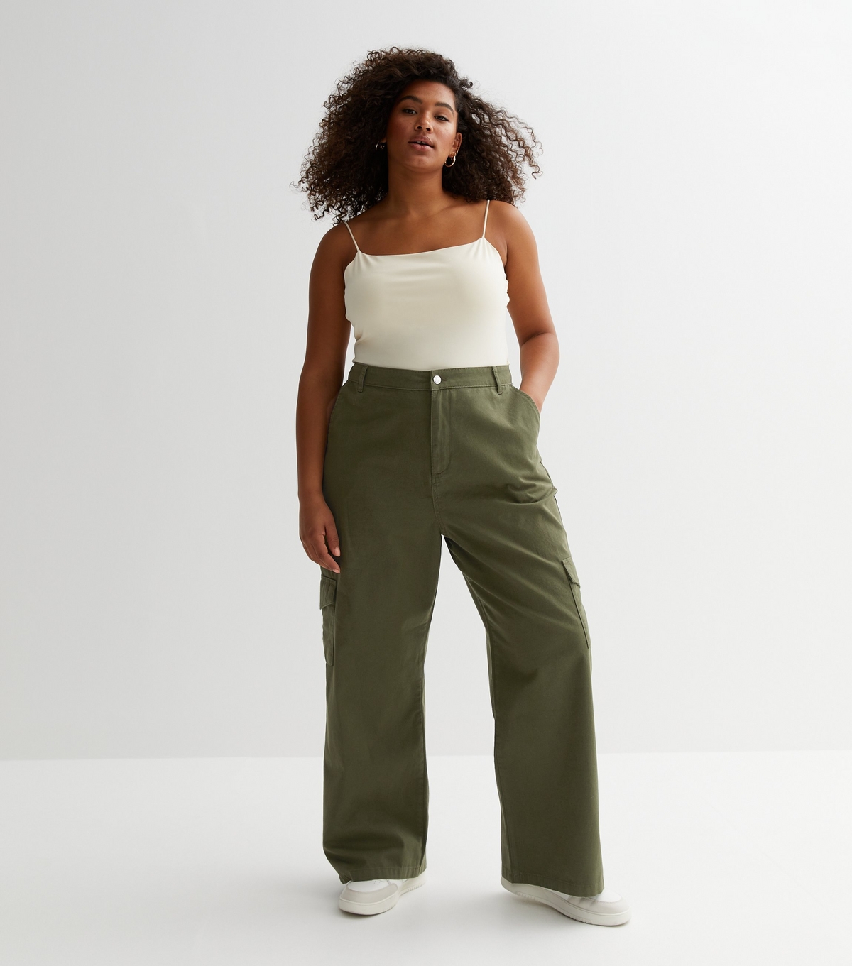 Women's Plus Size Khaki Cotton Wide Leg Cargo Trousers Curves New Look