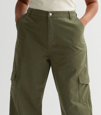 Curves Khaki Cotton Wide Leg Cargo Trousers New Look