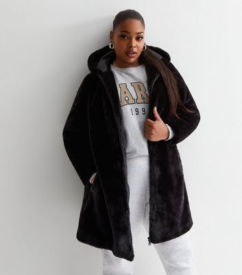 Black hooded faux fur midi coat online