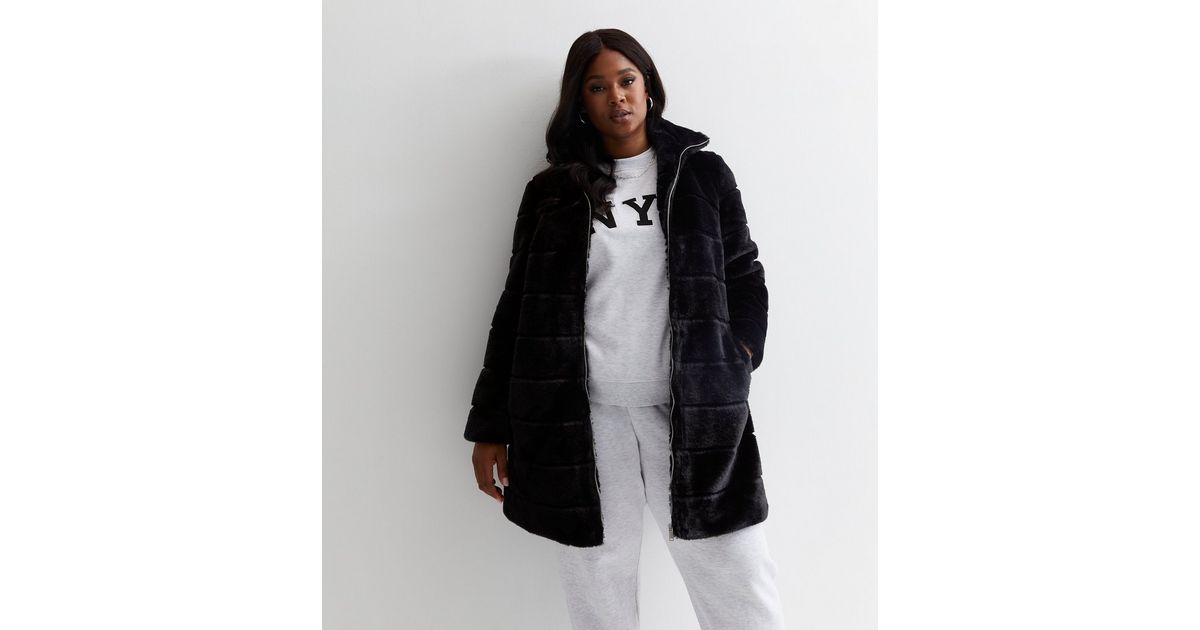 Curves Black Faux Fur Funnel Neck Jacket New Look