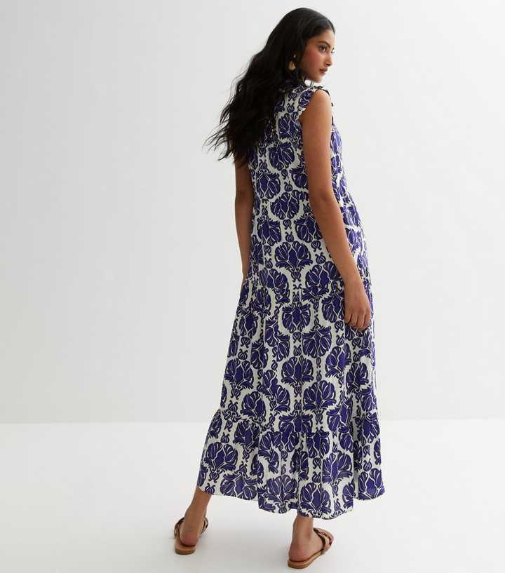 Blue Tile Print Tie Neck Midi Dress | New Look