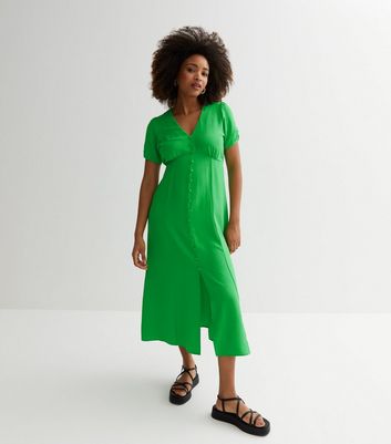 Green Ruched Puff Sleeve Button Front Midi Dress New Look