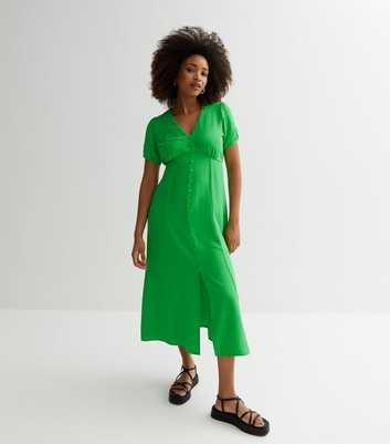 Green Ruched Puff Sleeve Button Front Midi Dress