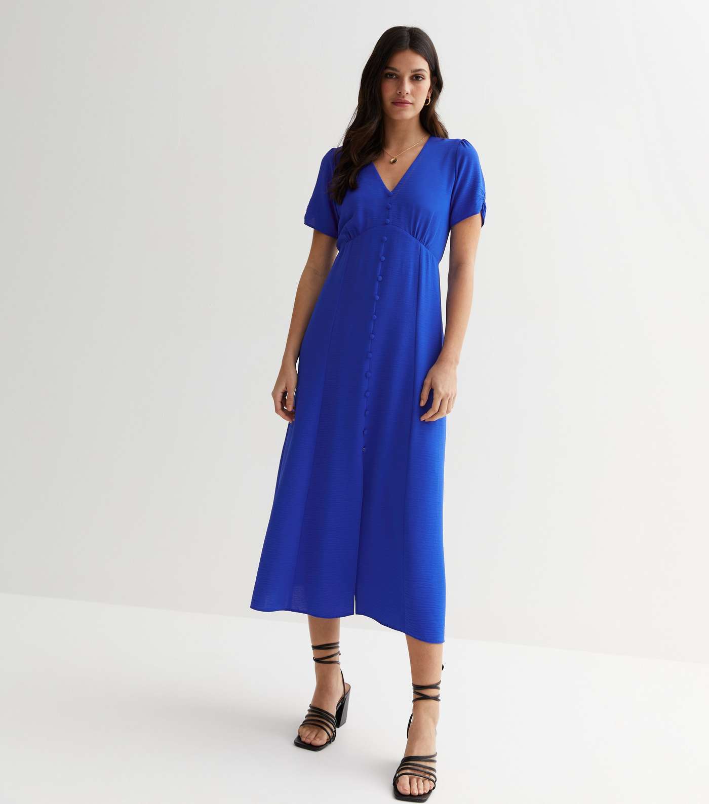 Bright Blue Ruched Puff Sleeve Button Front Midi Dress Image 2