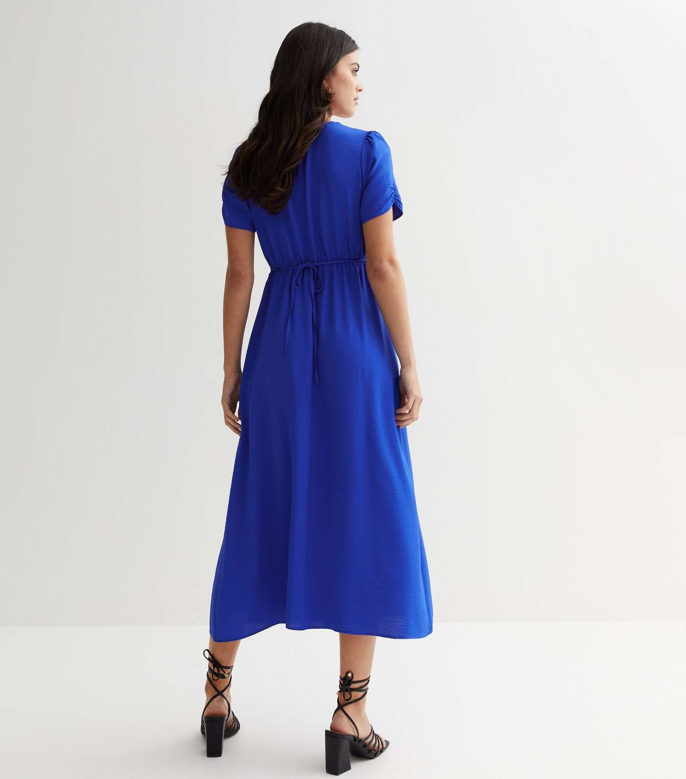 Bright Blue Ruched Puff Sleeve Button Front Midi Dress Image 4