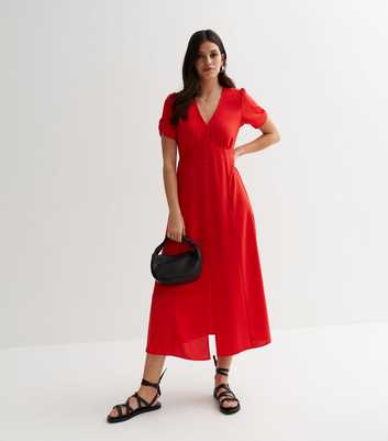 Red Ruched Puff Sleeve Button Front Midi Dress