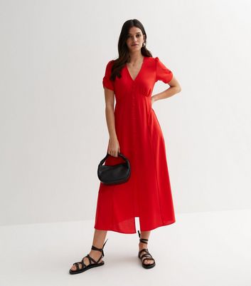 Red button midi store dress