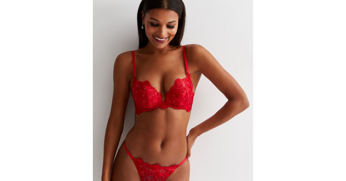 Red Floral Embroidered Diamanté Push Up Bra