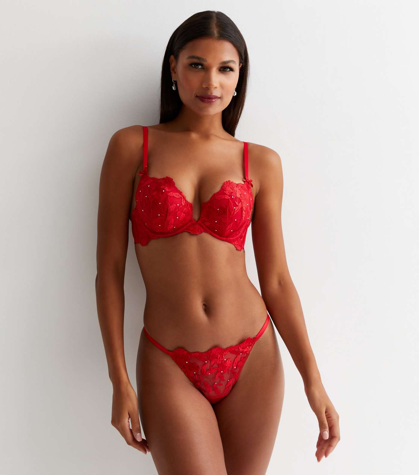 Red Floral Embroidered Diamanté Push Up Bra Image 2