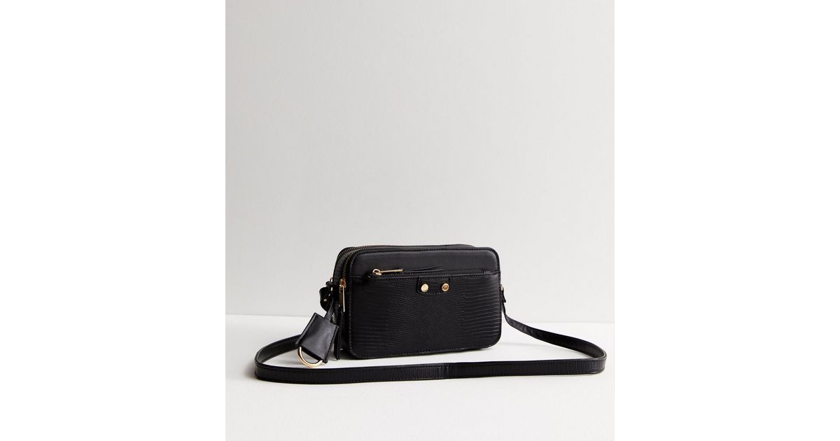 Black Faux Croc Cross Body Bag New Look