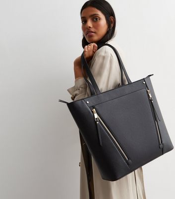 Grey Leather-Look Gold Zip Tote Bag