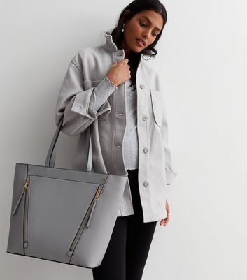 Grey Leather Look Diagonal Zip Tote Bag New Look