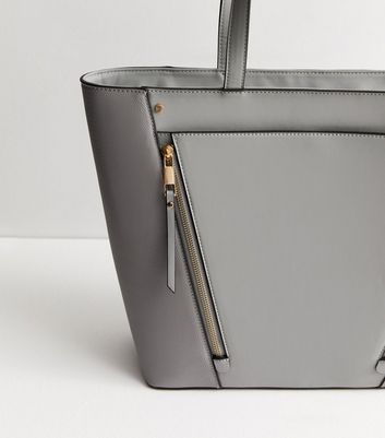 Grey Leather Look Diagonal Zip Tote Bag