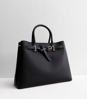 Black Leather Look Buckle Tote Bag New Look