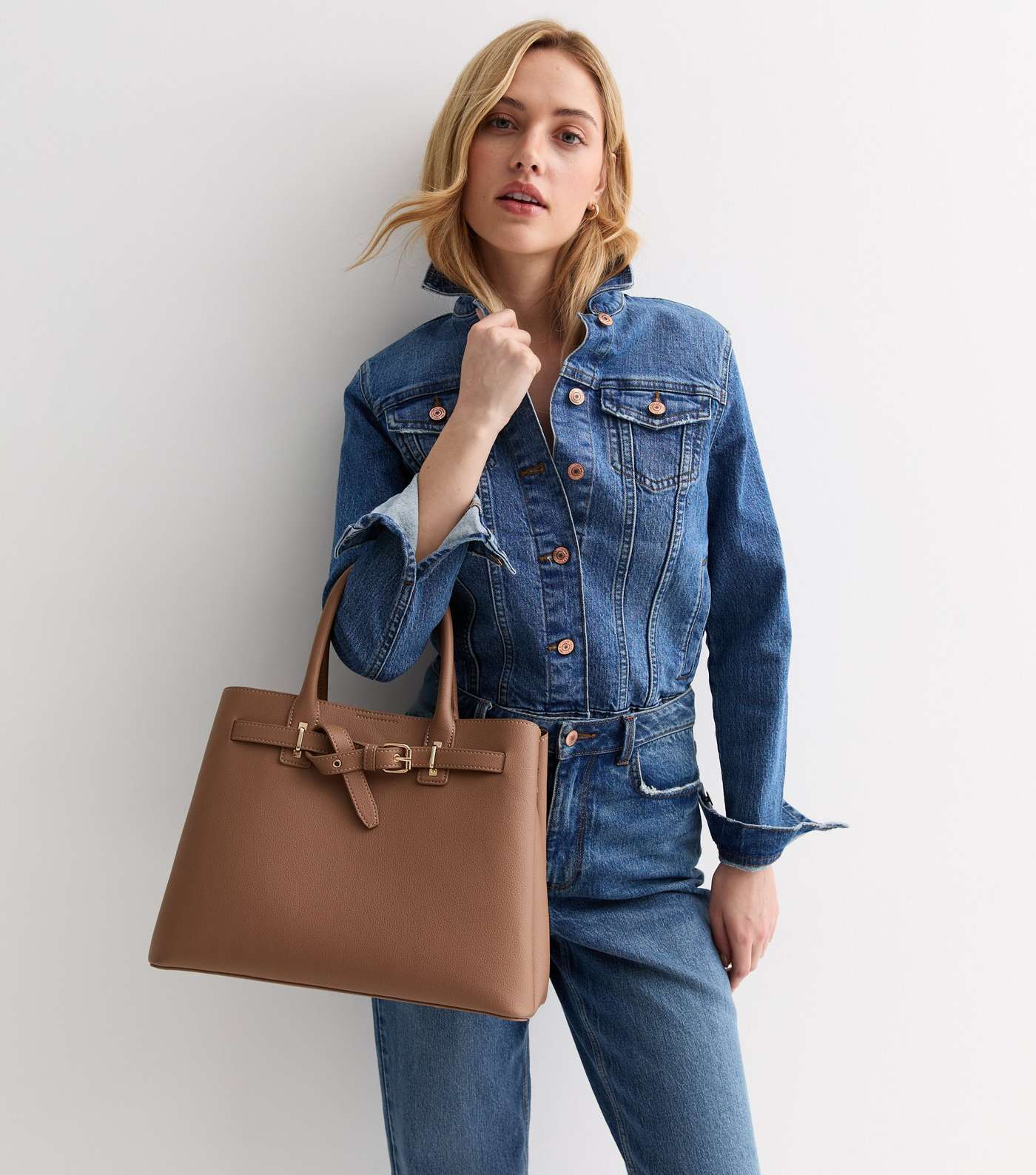Brown Leather-Look Buckle Tote Bag Image 2