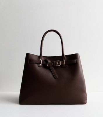 Dark Brown Leather Look Buckle Tote Bag New Look