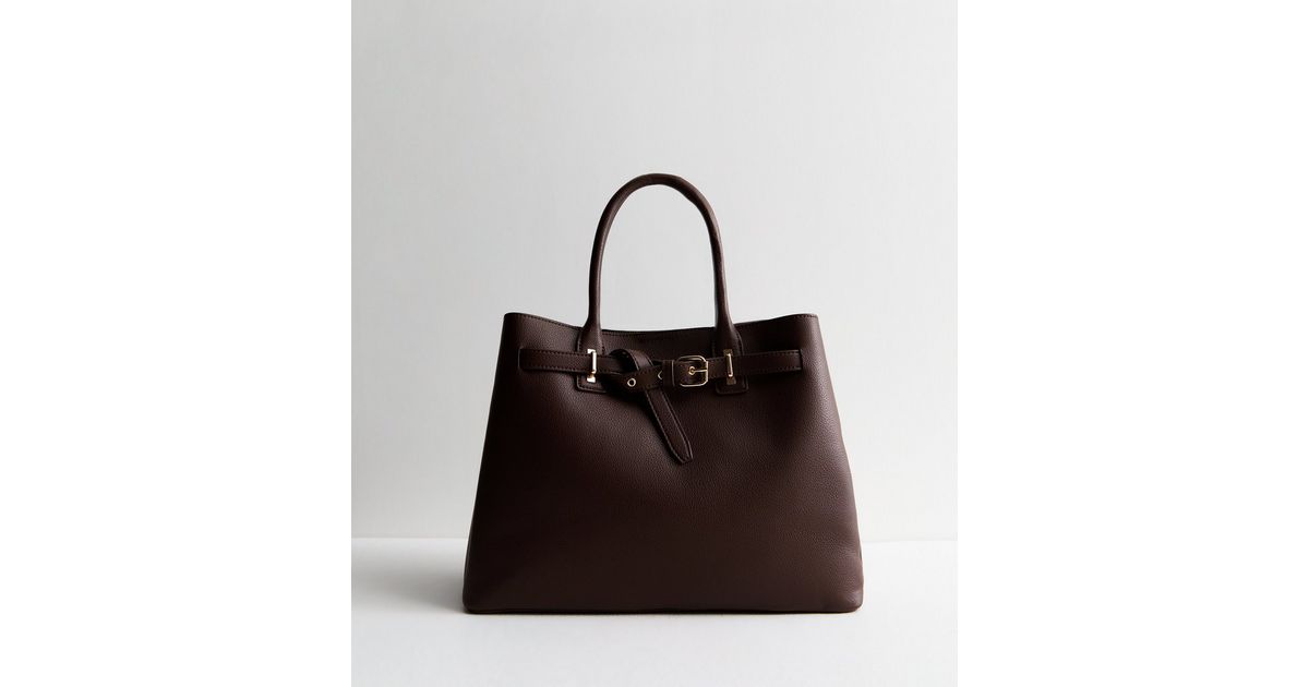 Dark Brown Leather-Look Buckle Tote Bag | New Look