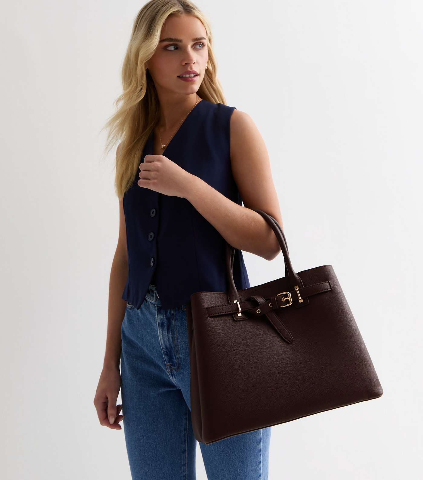 Dark Brown Leather-Look Buckle Tote Bag Image 2