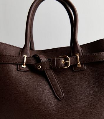 Dark Brown Leather Look Buckle Tote Bag New Look