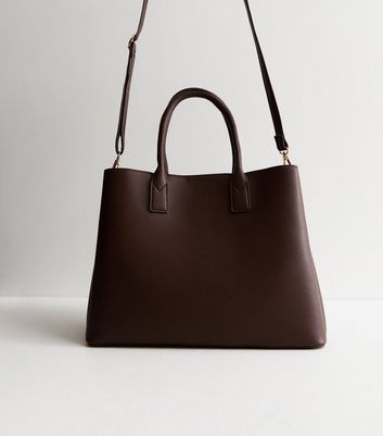 Dark Brown Leather Look Buckle Tote Bag New Look