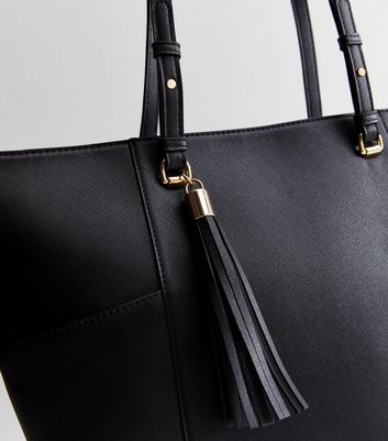 Black Leather-Look Tassel Tote Bag New Look Vegan