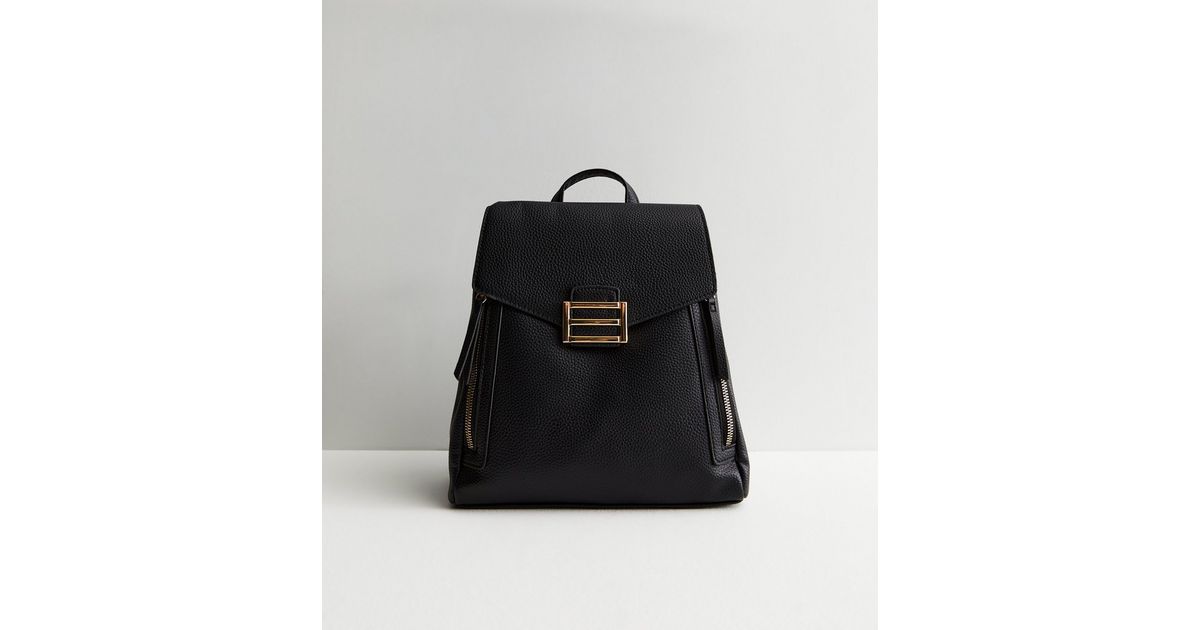 Black LeatherLook Square Buckle Backpack New Look