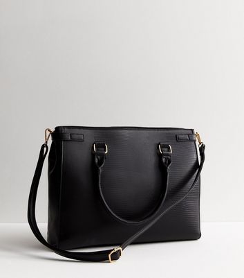 Black faux leather top boxy tote bag