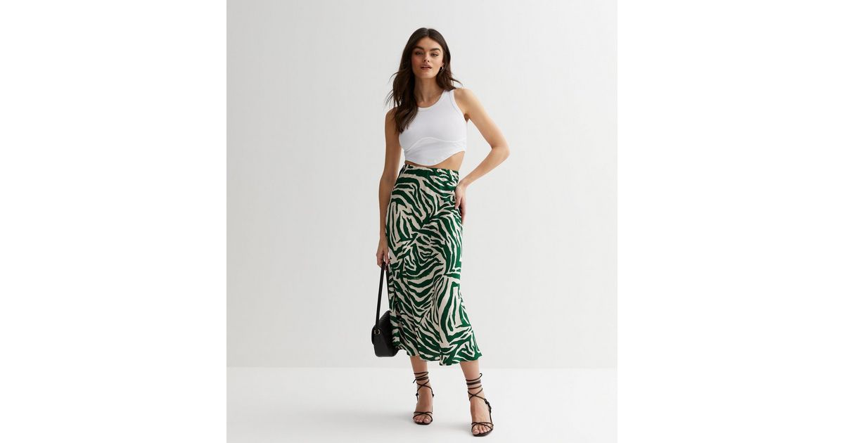Gini London Green Animal Print Satin Midi Skirt New Look
