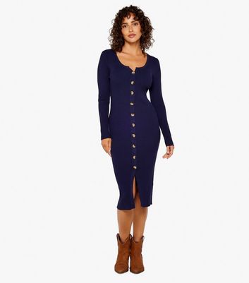 Apricot Navy Ribbed Knit Button Front Bodycon Midi Dress