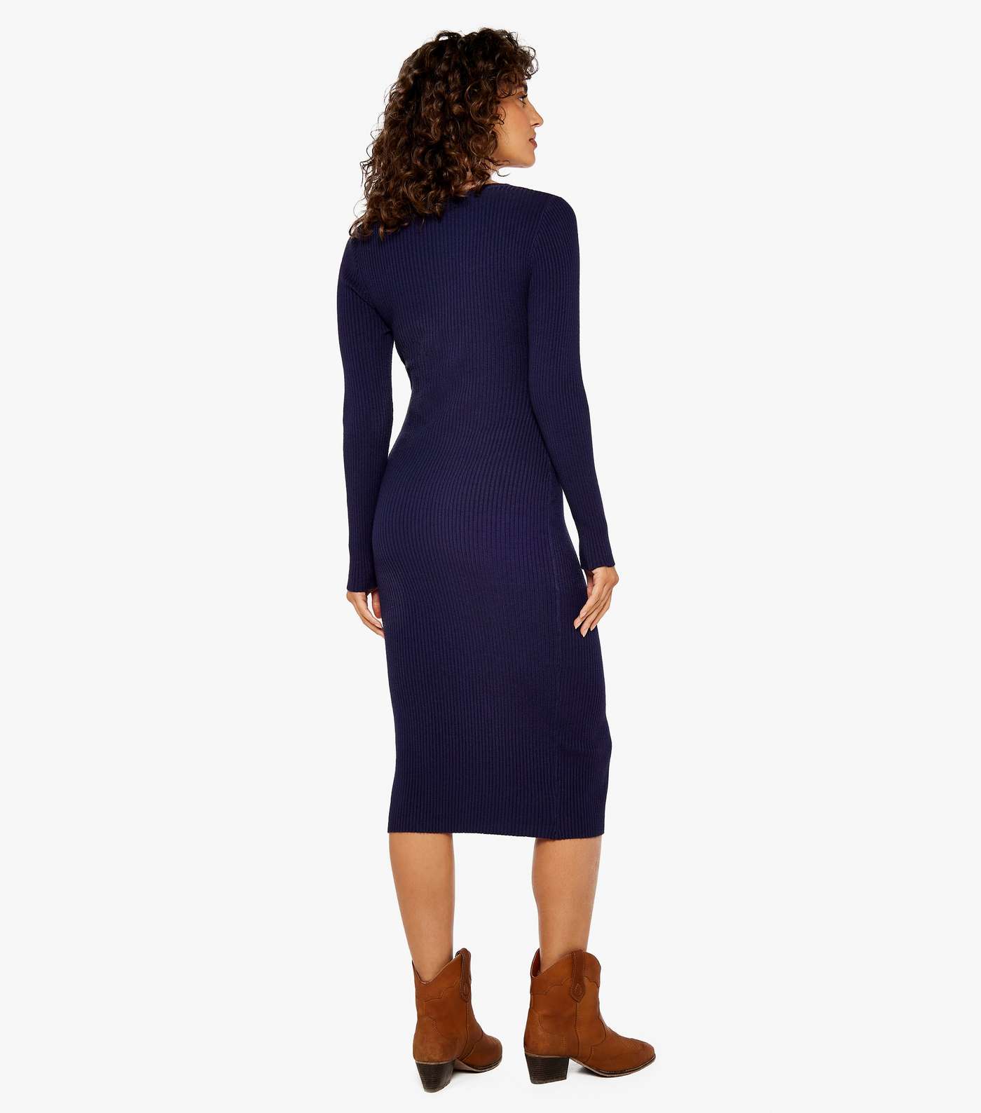 Apricot Navy Ribbed Knit Button Front Bodycon Midi Dress Image 3