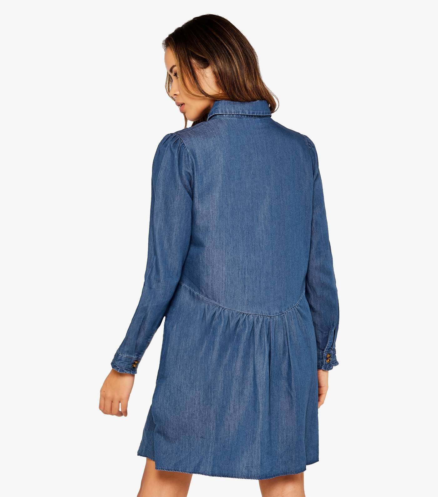 Apricot Blue Denim Ruffle Trim Mini Shirt Swing Dress Image 3