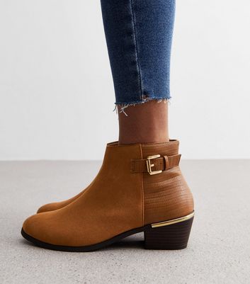 Tan Suedette Buckle Block Heel Ankle Boots New Look