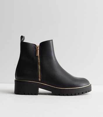 Wide Fit Black Leather-Look Zip Detail Chunky Ankle Boots