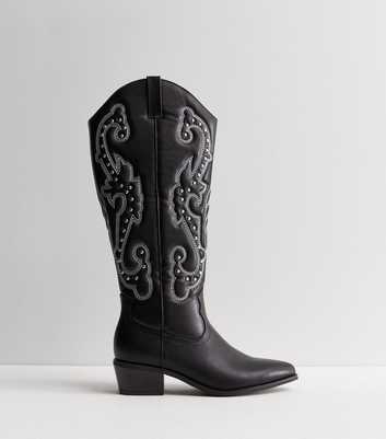Black Leather-Look Block Heel Cowboy Boots