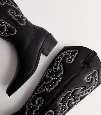 Black Leather-Look Block Heel Cowboy Boots New Look