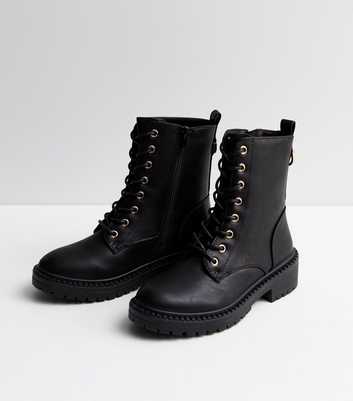 Black Leather-Look Lace Up Biker Boots