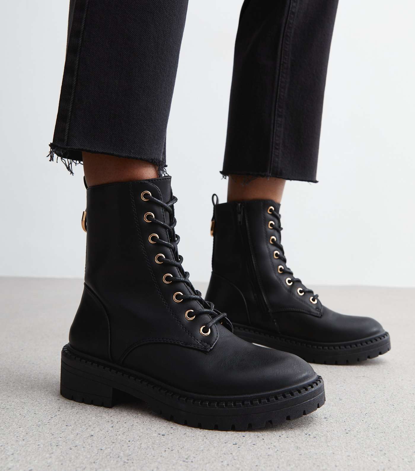 Black Leather-Look Lace Up Biker Boots Image 2