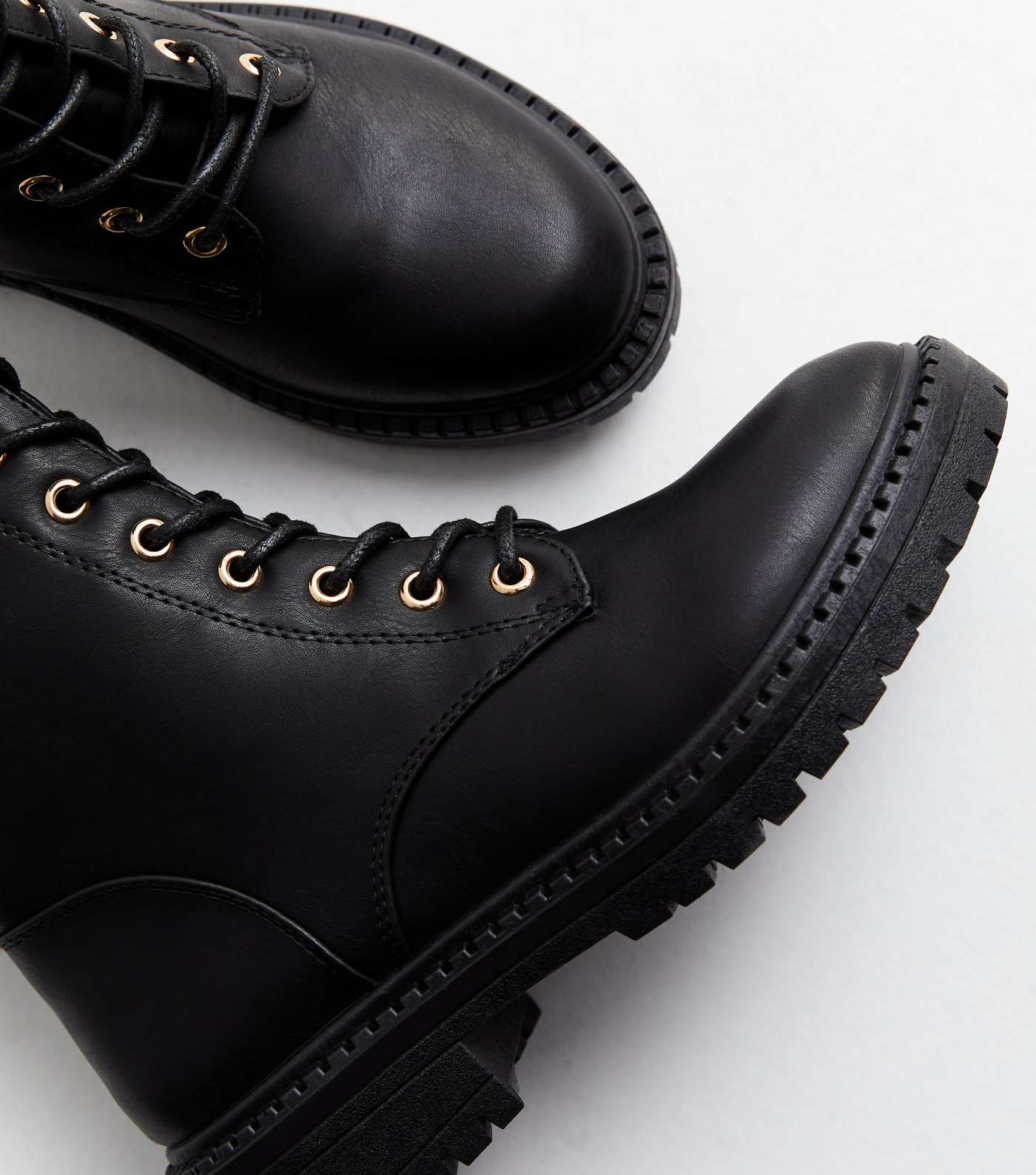 Black Leather-Look Lace Up Biker Boots Image 4