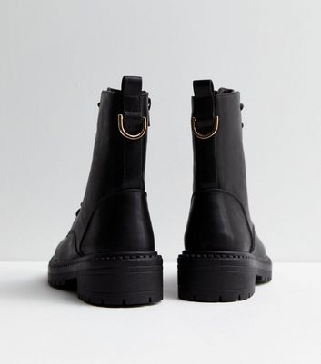 Black Leather-Look Lace Up Biker Boots New Look Vegan