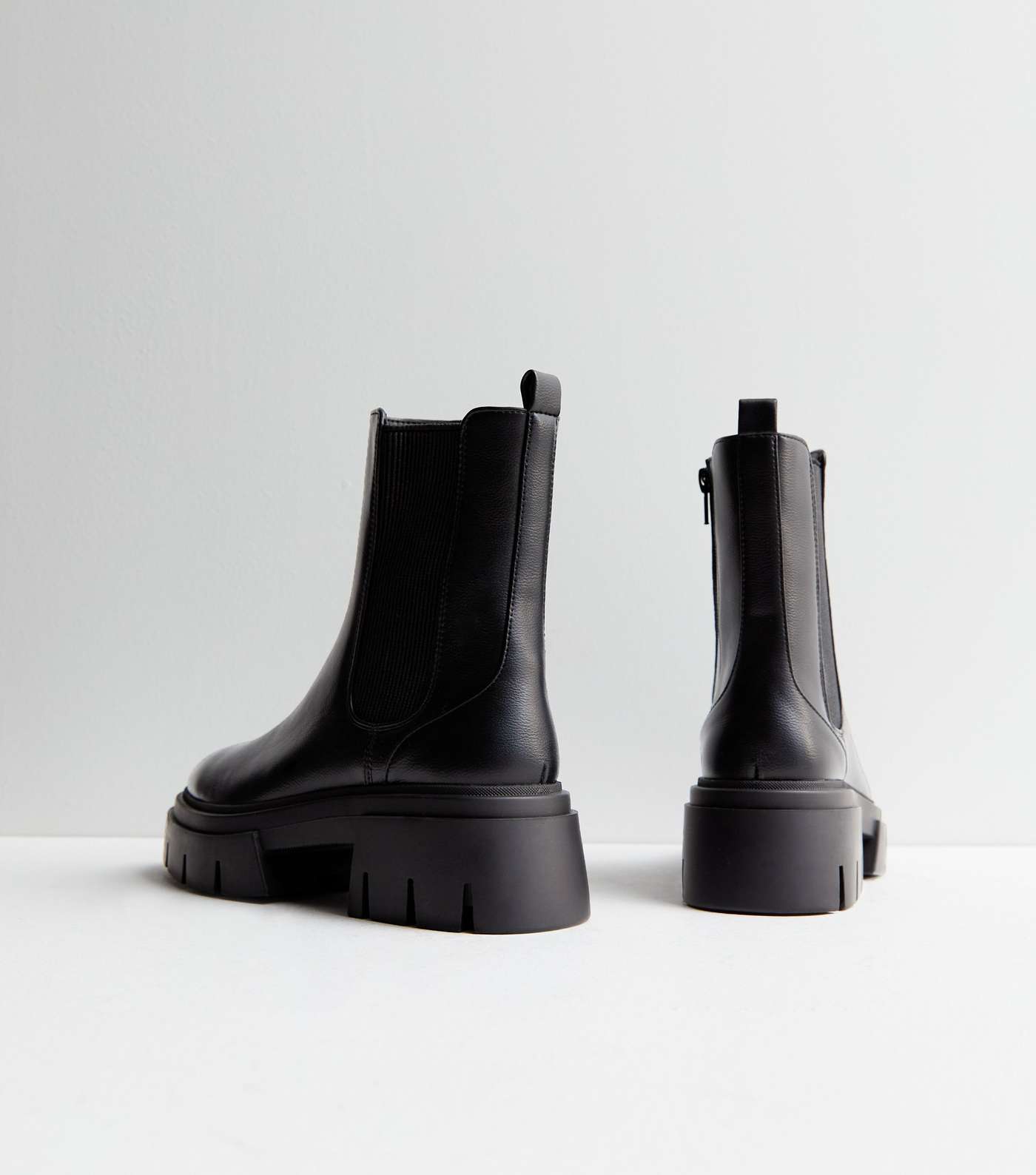 Black Leather-Look Chunky Cleated Sole Chelsea Boots Image 4