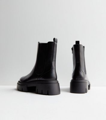 Black Leather Look Chunky Cleated Sole Chelsea Boots New Look